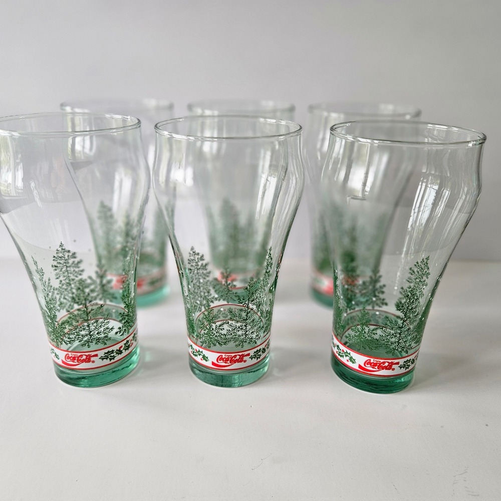 Vtg Libbey Coca-Cola Christmas Tree Glasses SET OF SIX 1990s Evergreen EXCELLENT